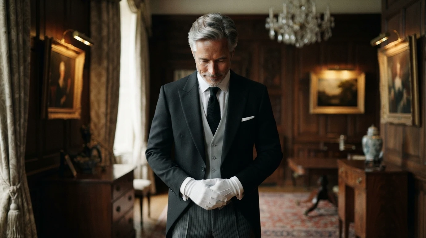 Mathieu, majordome en habit, gants blancs, dans le manoir